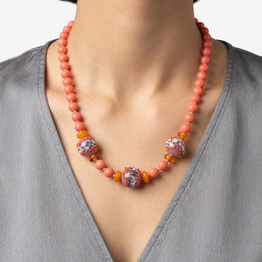 Coral Bead Statement Necklace - Pink and Orange